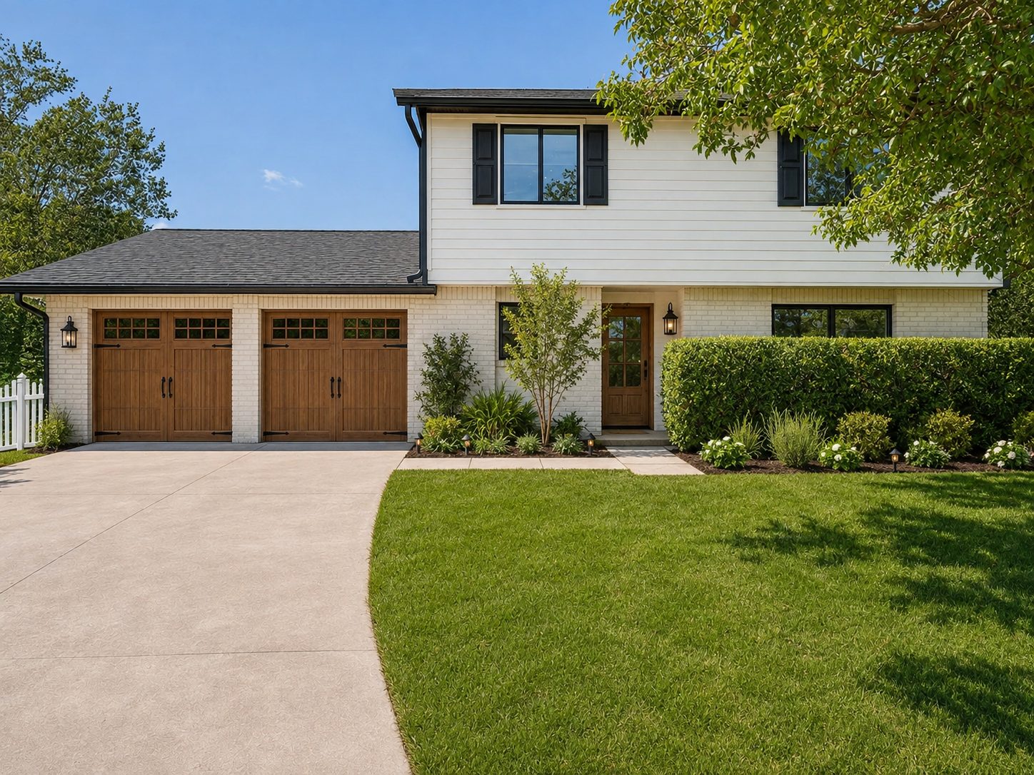 After: renovated two-story Austin home with white brick, wood carriage garage doors, and fresh landscaping